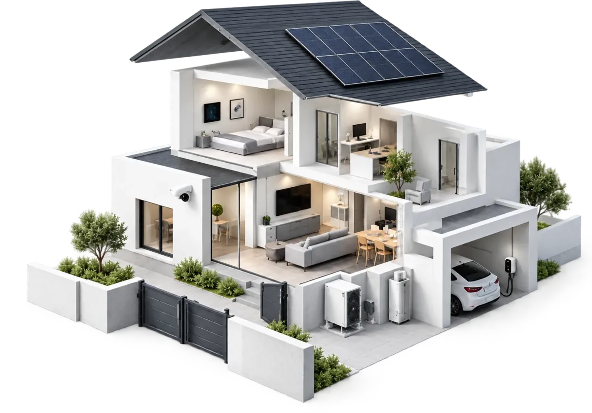 Uses in a home: smart control, security, solar energy, gate automation and EV charging.