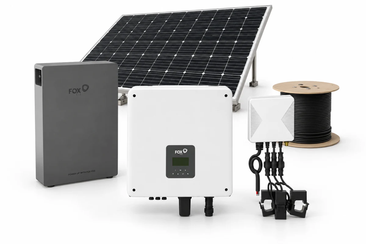 Painel solar, inversor, bateria FoxESS e conectores MC4.